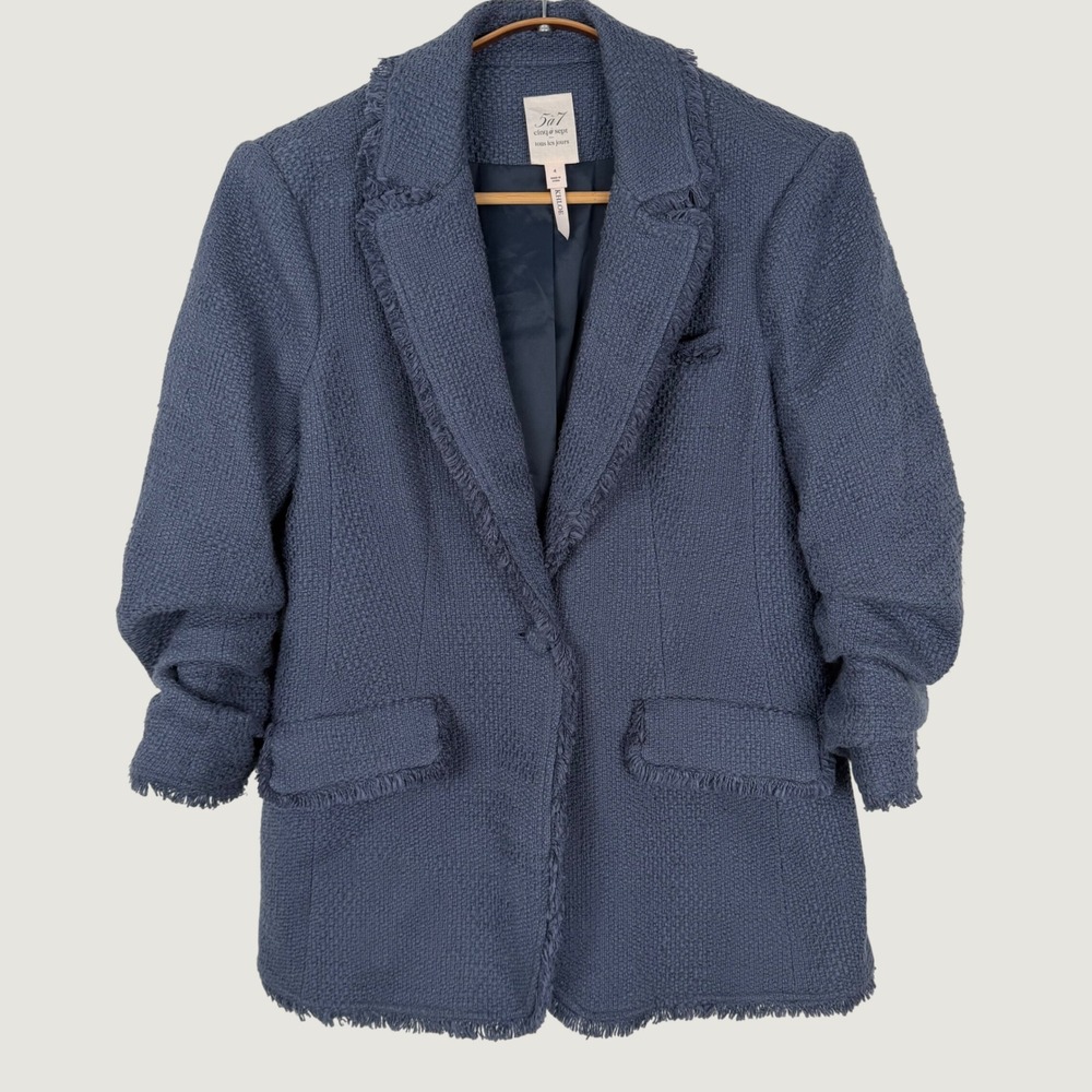 Cinq a Sept Khloe Ruched Sleeve Frayed Boucle Blazer Slate Blue Size 4